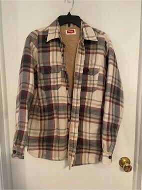 Wrangler Plaid Flannel Shirt Jacket in Cream, Red, Blue
